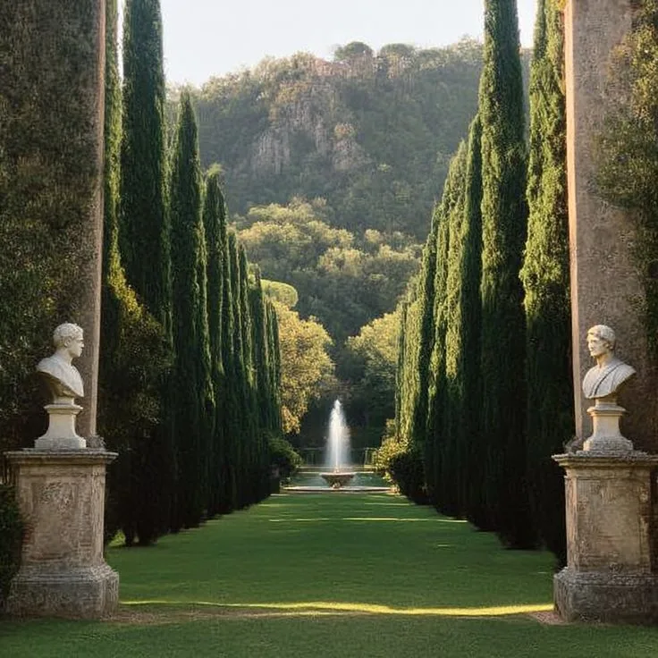 Cypress-lined avenue with classical statues